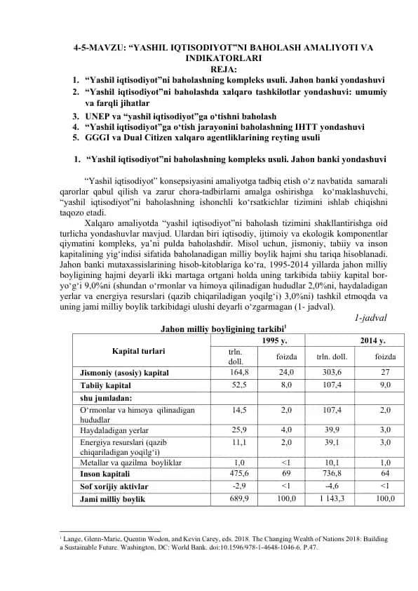 "Yashil iqtisodiyot"ni baholash amaliyoti va indikatorlari
