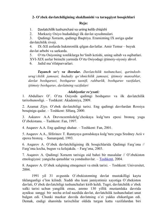 O’zbek davlatchiligining shakllanishi va taraqqiyot bosqichlari