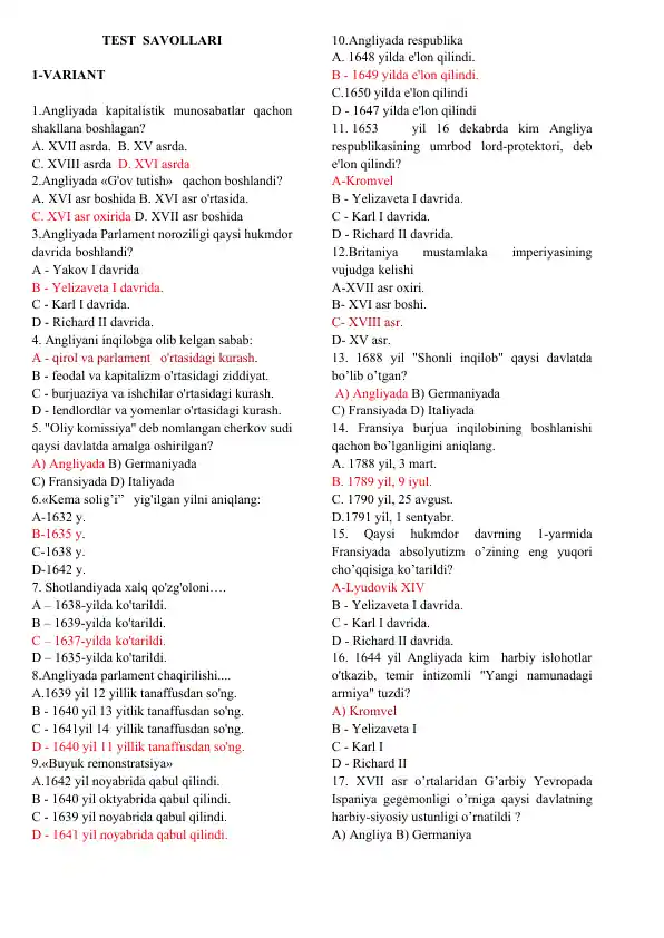 Angliyada 17-18 asrlar Davrida Iqtisodiyot Test Savollari