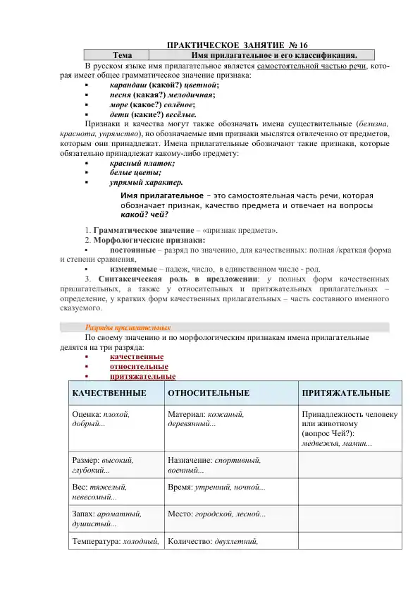 Имя прилагательное и его классификация