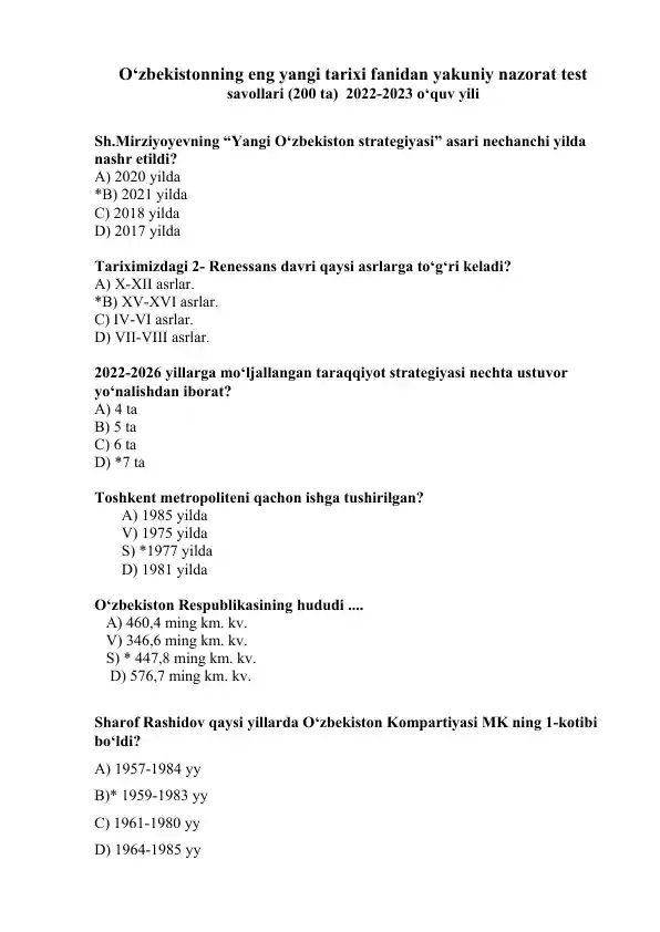 O‘zbekistonning eng yangi tarixi fanidan yakuniy nazorat test savollari (200 ta) 2022-2023 o‘quv yili
