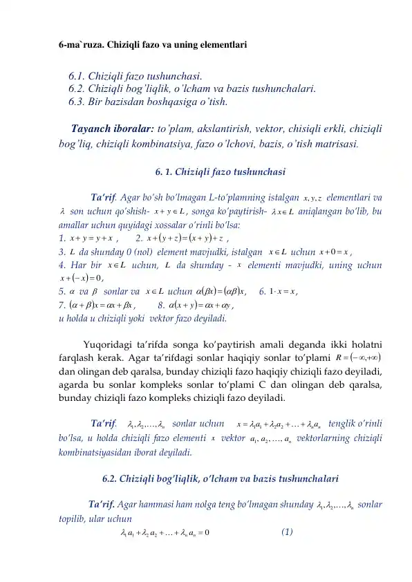 Chiziqli fazo va uning elementlari