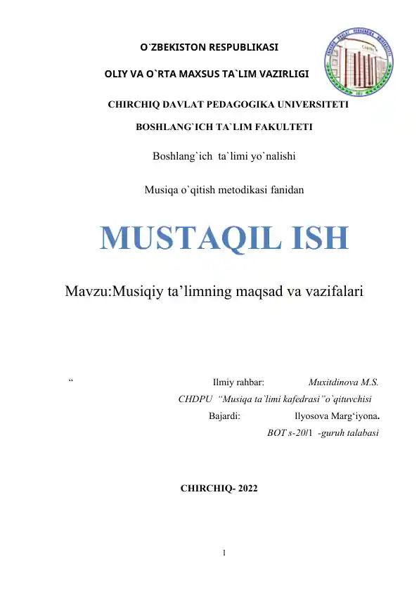 Musiqa o`qitish metodikasi