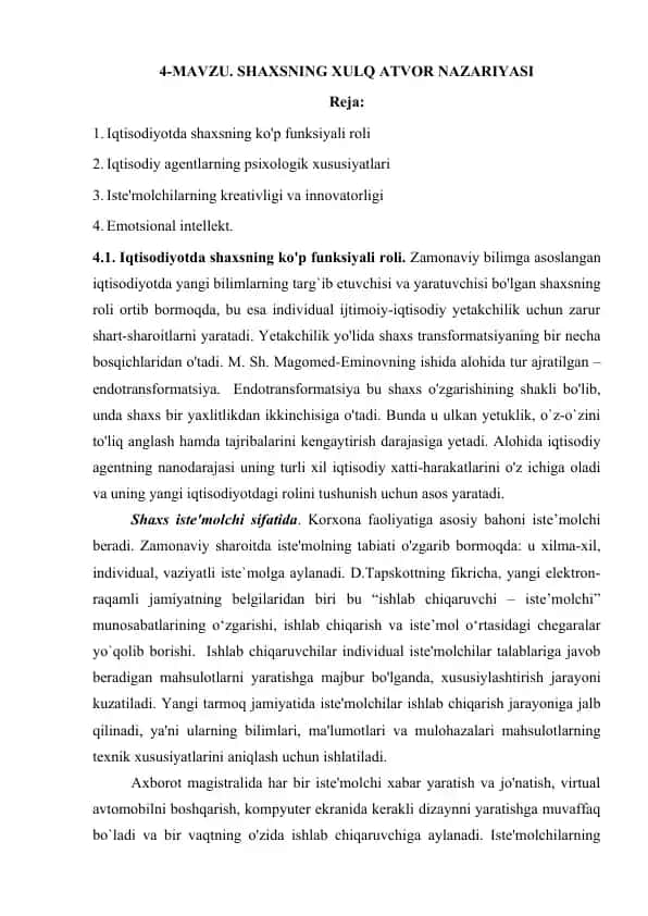 SHAXSNING XULQ ATVOR NAZARIYASI