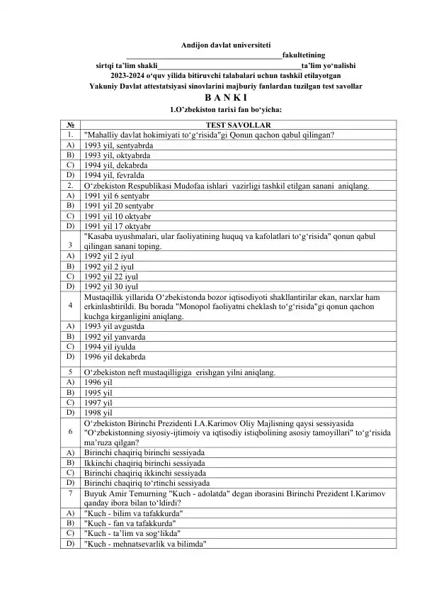 O'zbekiston tarixi fan bo'yicha test savollari