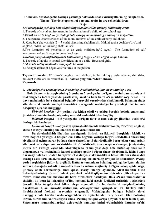 Maktabgacha tarbiya yoshdagi bolalar shaxs xususiyatlarining rivojlanishi