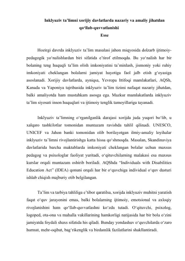 Inklyuziv ta’limni xorijiy davlatlarda nazariy va amaliy jihatdan qo‘llab-quvvatlanishi