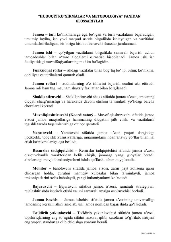HUQUQIY KOʻNIKMALAR VA METODOLOGIYA FANIDAN GLOSSARIYLAR