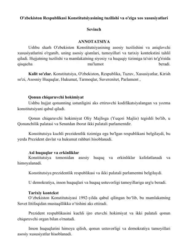 O'zbekiston Respublikasi Konstitutsiyasining tuzilishi va o'ziga xos xususiyatlari