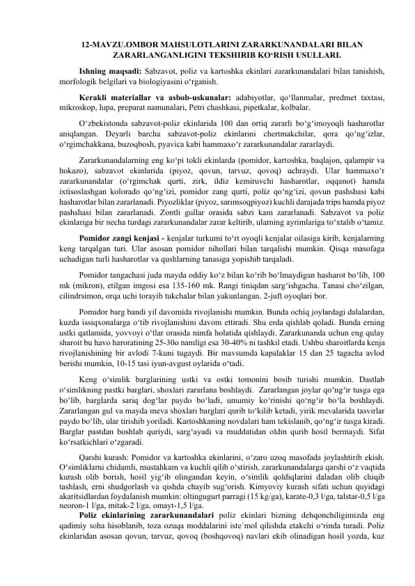 Zararkunandalari bilan zararlangan sabzavot-poliz ekinlarining o'rganilishi