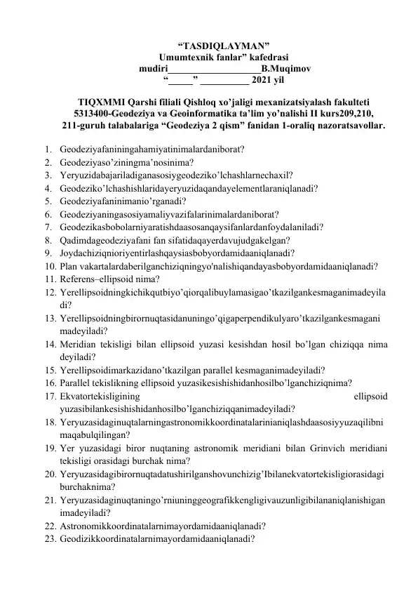 Geodeziya 2 qism nazorat savollari