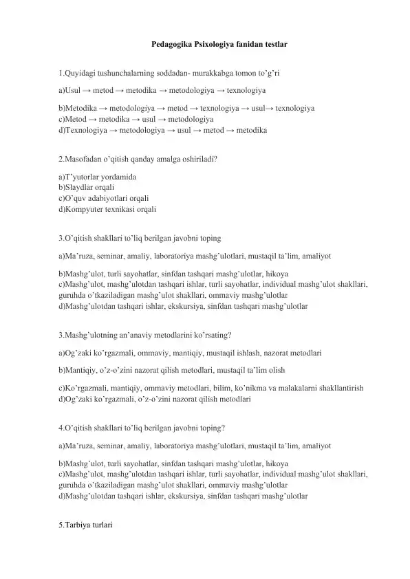 Pedagogika Psixologiya fanidan testlar