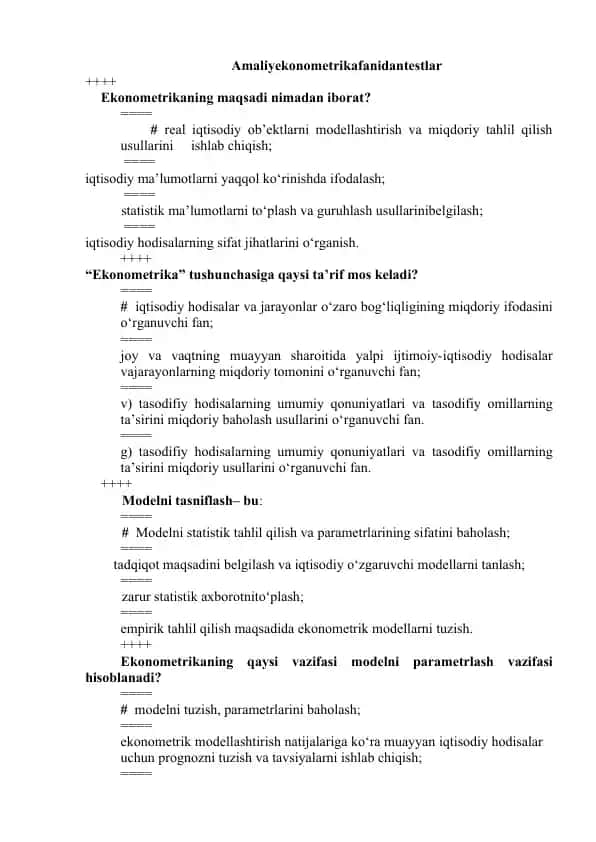 Amaliy ekonometrikafa fanidan testlar