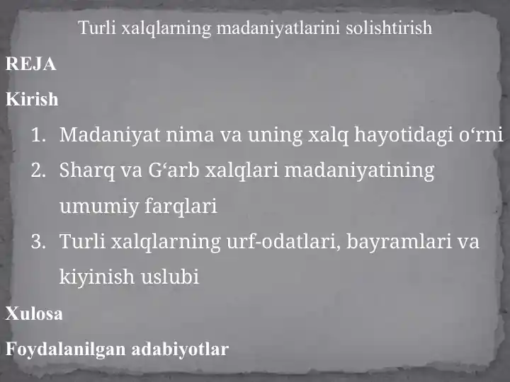 Turlixalqlarning Madaniyatlarini Solishtirish