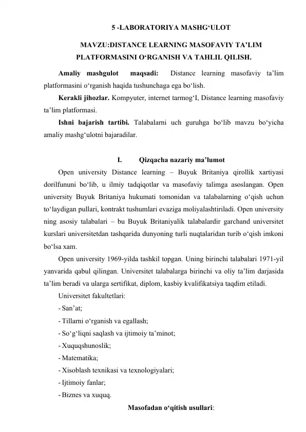 Distance Learning Platformlarini O'rganish va Tahlil Qilish Laboratoriyasi