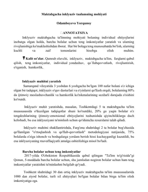 Maktabgacha inklyuziv taalumning mohiyati