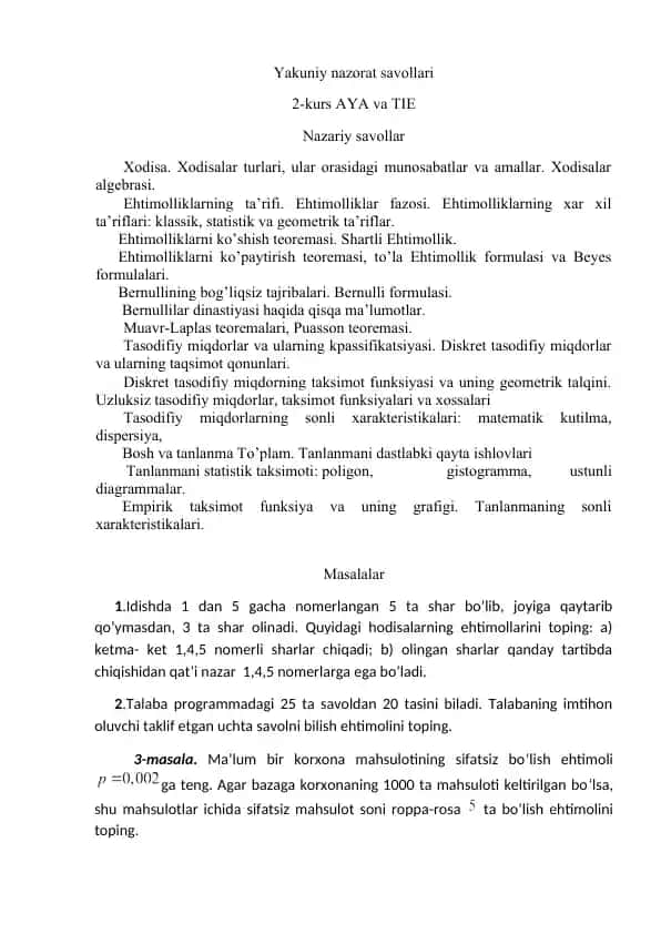 Yakuniy nazorat savollari (2-kurs AYA va TIE)