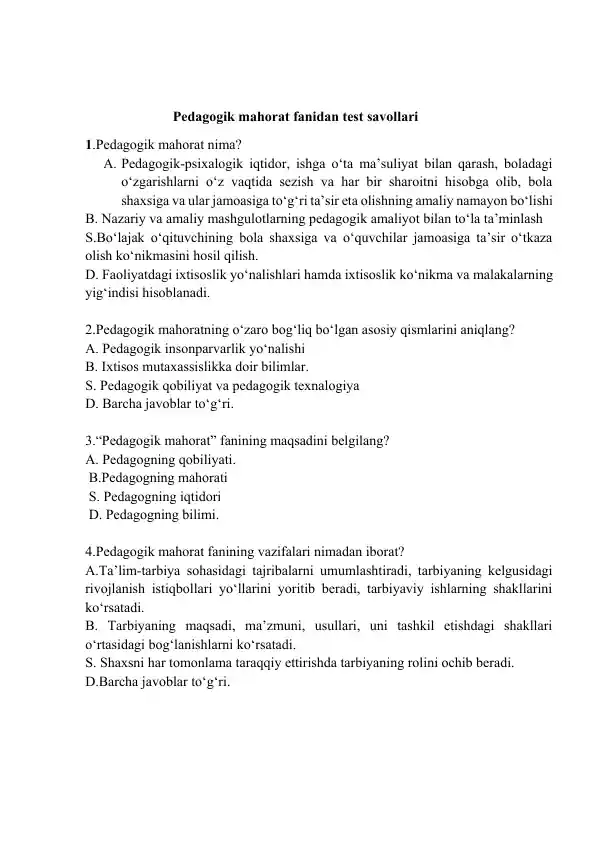 Pedagogik mahorat fanidan test savollari