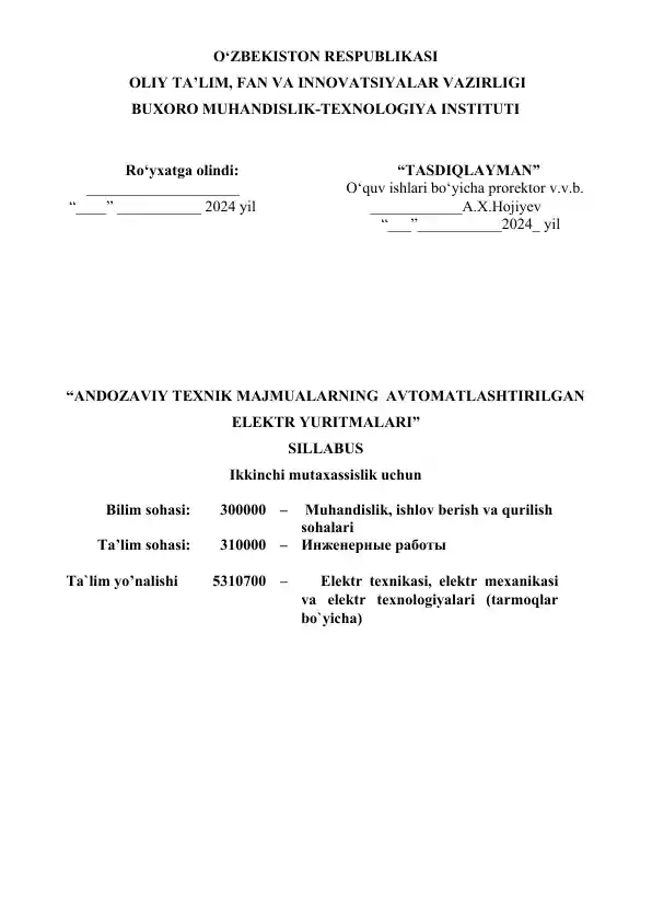 Andozaviy texnik majmualarning avtomatlashtirilgan elektr yuritmalari