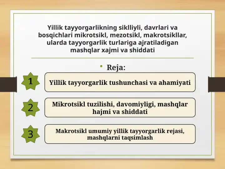 Yillik tayyorgarlikning siklliyli, davrlari va bosqichlari mikrotsikl, mezotsikl, makrotsikllar, ularda tayyorgarlik turlariga ajratiladigan mashqlar xajmi va shiddati