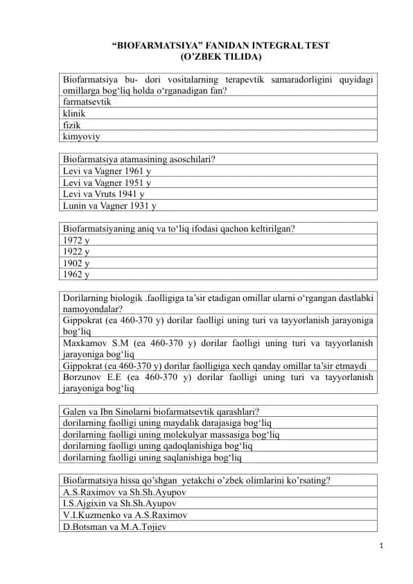 BIOFARMATSIYA" FANIDAN INTEGRAL TEST