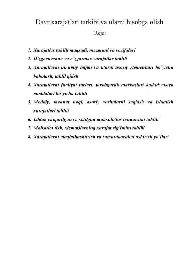 Davr xarajatlari tarkibi va ularni hisobga olish