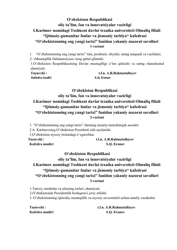 "O‘zbekistonning eng yangi tarixi" fanidan yakuniy nazorat savollari
