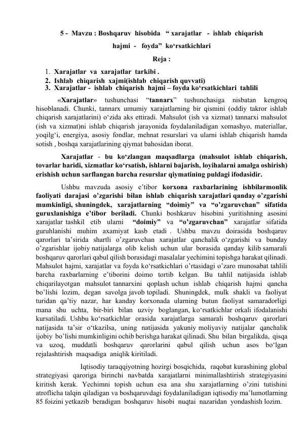 Xarajatlar va Foyda Ko'rsatkichlari Analizi