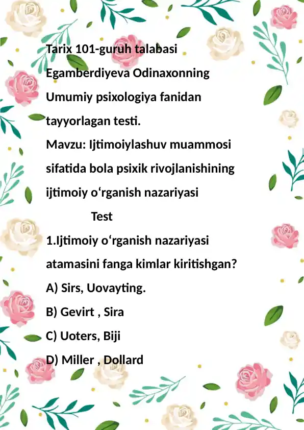 Umumiy psixologiya fanidan tayyorlagan test