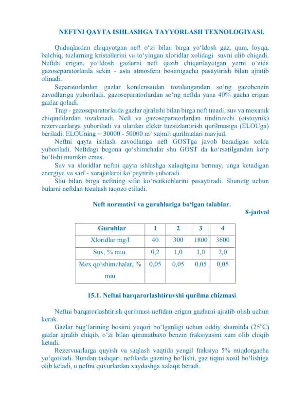 Neftni qayta ishlashga tayyorlash texnologiyasi