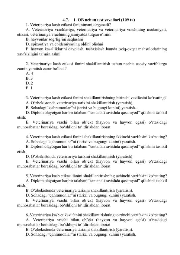 OB uchun test savollari (109 ta)