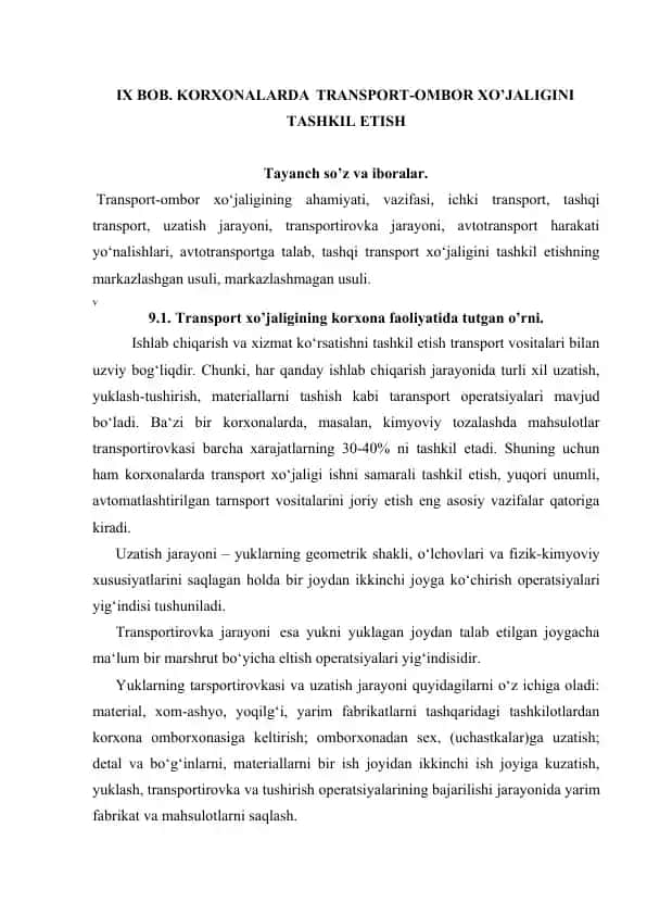 Transport-ombor xo‘jaligini tashkil etish va boshqarish