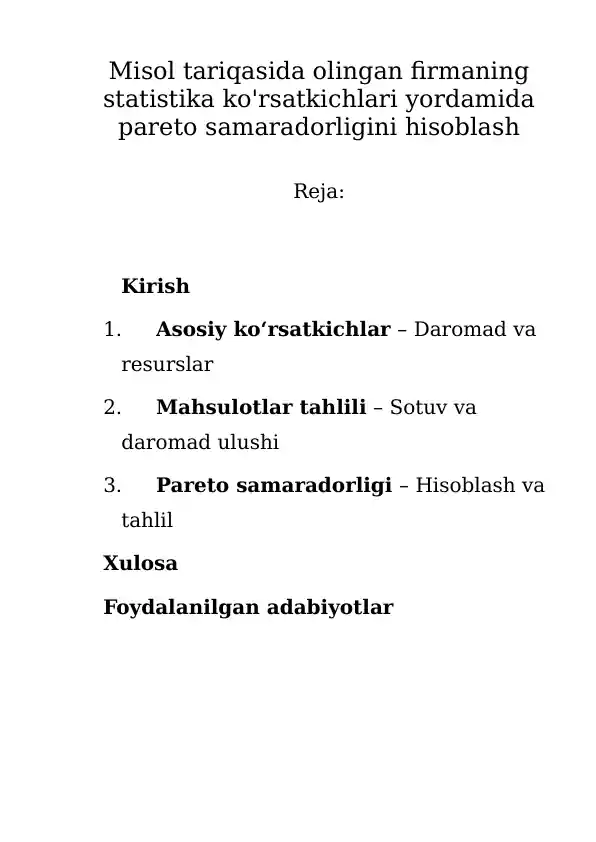 Statistika ko'rsatkichlari yordamida pareto samaradorligini hisoblash