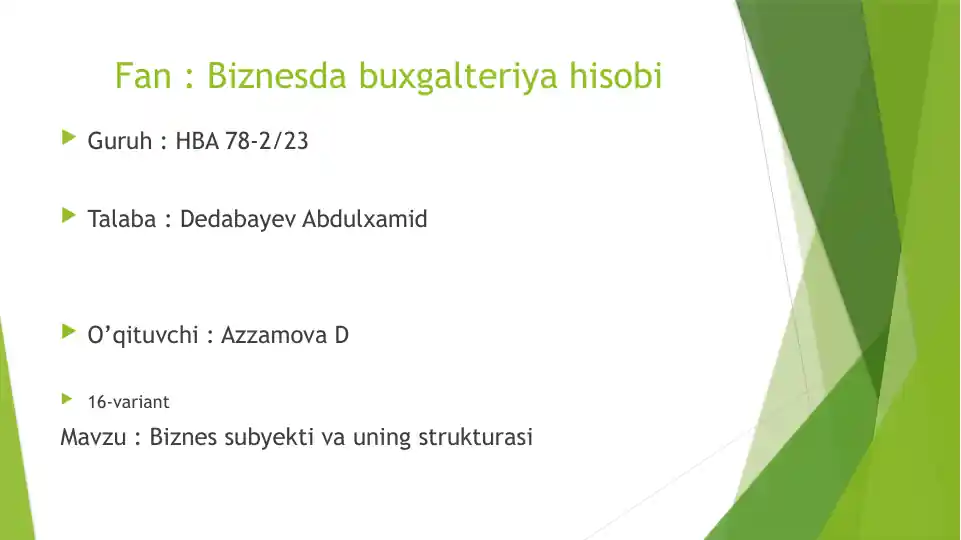 Biznes subyekti va uning strukturasi