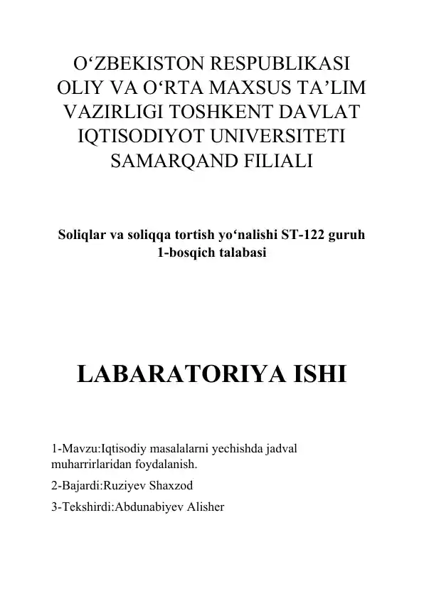 Microsoft Excel dasturida Jadvaldagi ma’lumotlarni umumlashtirish, saralash va filtrlash