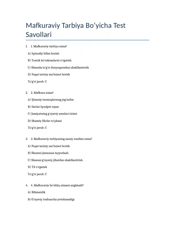 Mafkuraviy Tarbiya Bo‘yicha Test Savollari