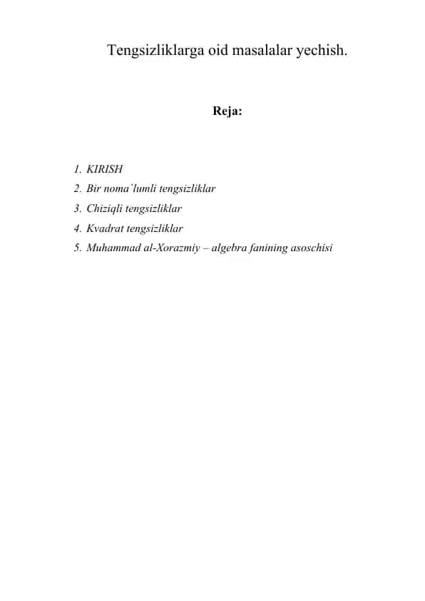 Tengsizliklarga oid masalalar yechish.