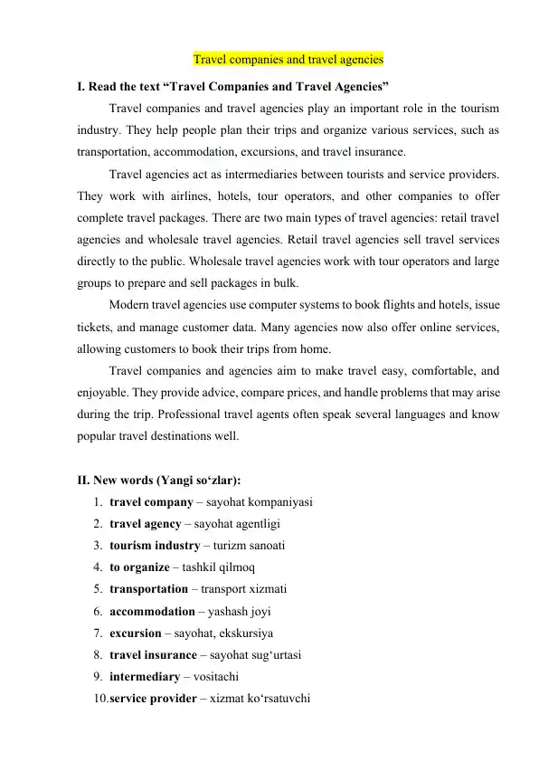 Travel Companies and Travel Agencies