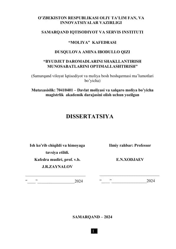 Byudjet daromadlarini shakllantirish munosabatlari optimallashtirish