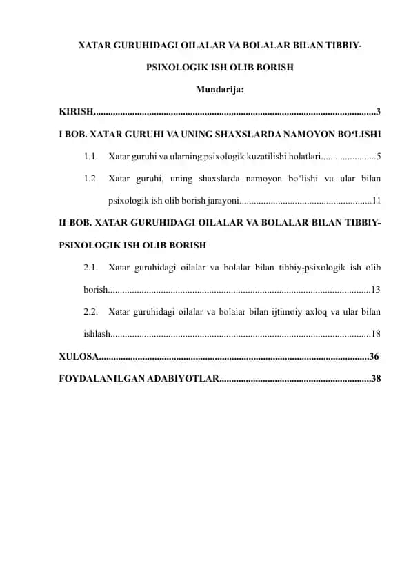 XATAR GURUHIDAGI OILALAR VA BOLALAR BILAN TIBBIY-PSIXOLOGIK ISH OLIB BORISH