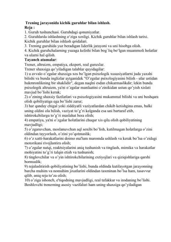 Trening jarayonida kichik guruhlar bilan ishlash