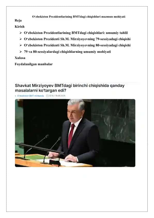 O‘zbekiston Prezidentlarining BMTdagi chiqishlari mazmun mohiyati