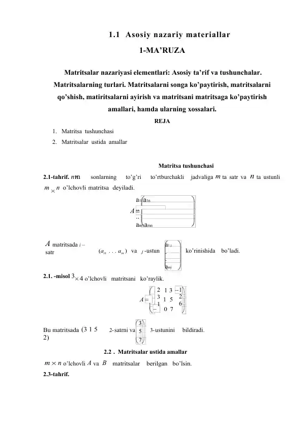 Matritsalarning Amallari