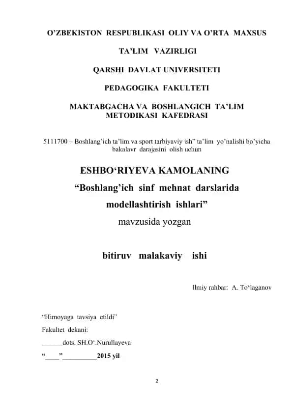 Boshlang’ich sinf mehnat darslarida modellashtirish ishlari
