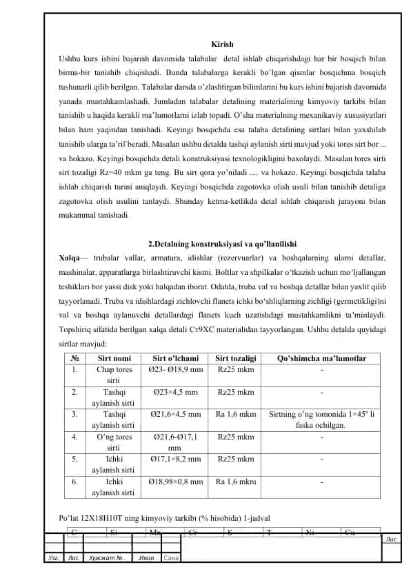 Detal ishlab chiqarishning bosqichma bosqich tushunarli kurs ishi