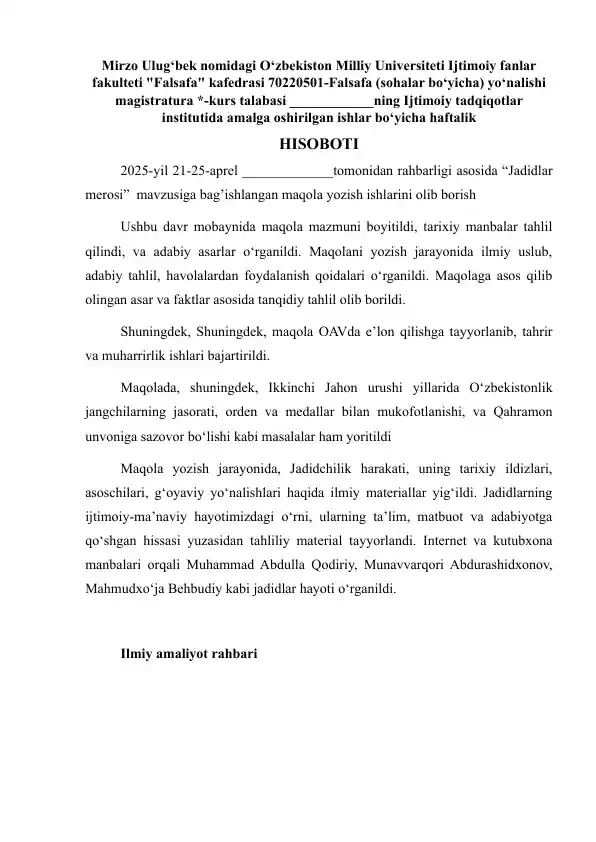 "Jadidlar merosi" mavzusiga bag’ishlangan maqola yozish ishlarini olib borish