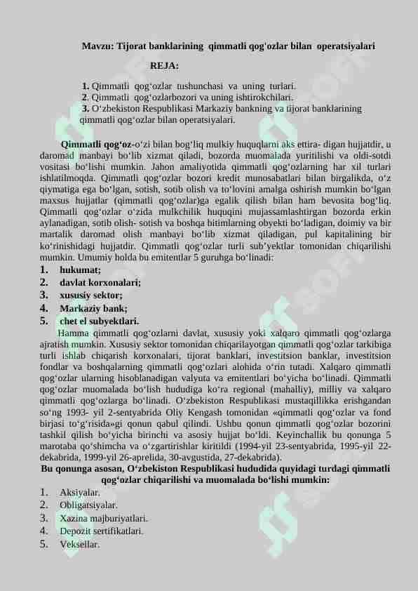 Tijorat banklarining qimmatli qog'ozlar bilan operatsiyalari