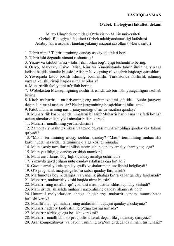 Adabiy Tahrir Asoslari Fanidan Yakuniy Nazorat Savollari
