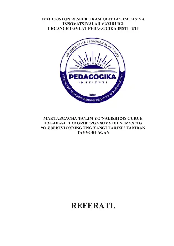 Jadid ma'rifatparvarlarining O'zbekistonning eng yangi tarixi bo'yicha referati