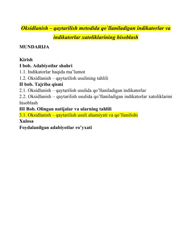 Oksidlanish – qaytarilish metodida qo‘llaniladigan indikatorlar va indikatorlar xatoliklarining hisoblash